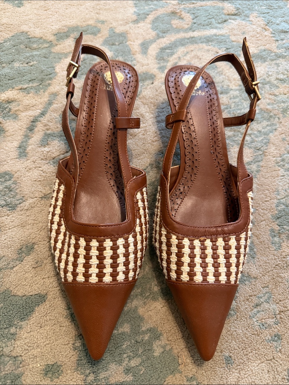 Vince Camuto Brown and Cream Woven Pointed Slingback Mules